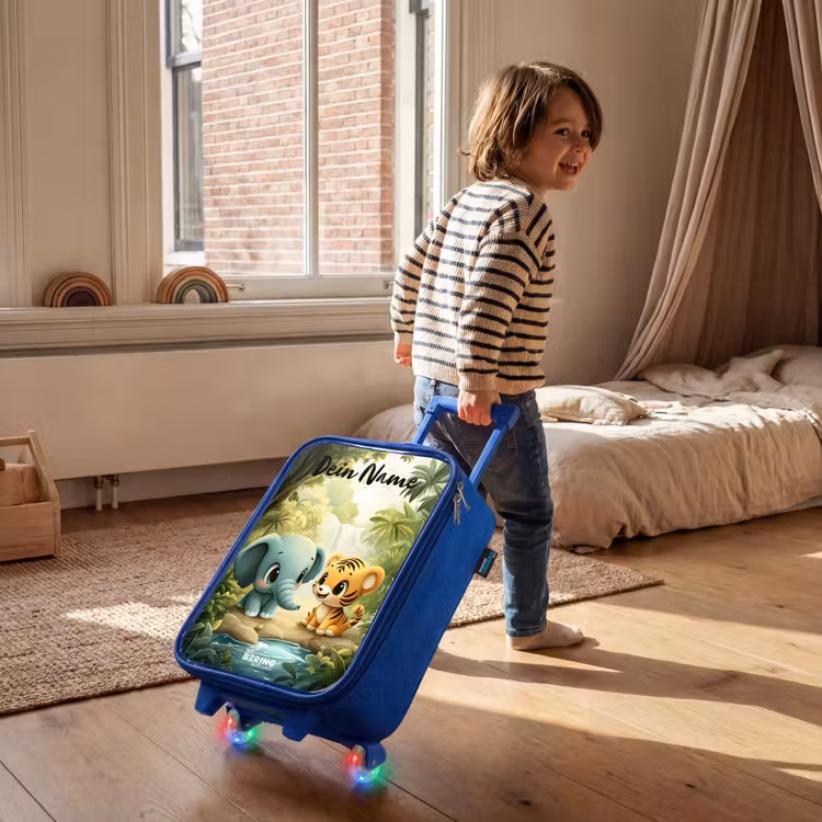 Kinderkoffer Blau mit Name - Elefant - Tiger - Wald - Dschungel — 2
