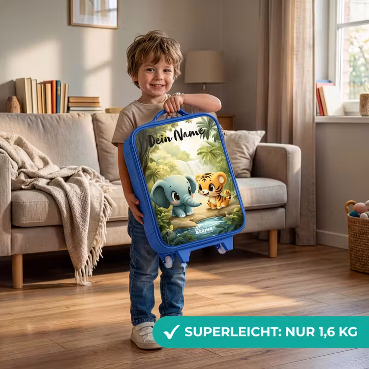 Kinderkoffer Blau mit Name - Elefant - Tiger - Wald - Dschungel — 3