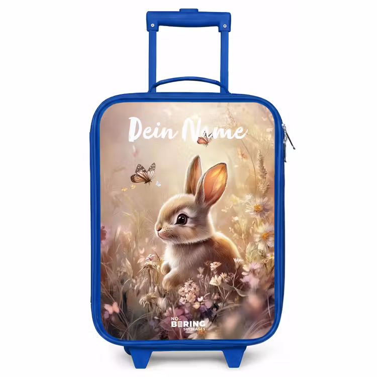 Kinderkoffer Blau mit Name - Hase - Braun - Blumen - Schmetterlinge — 1