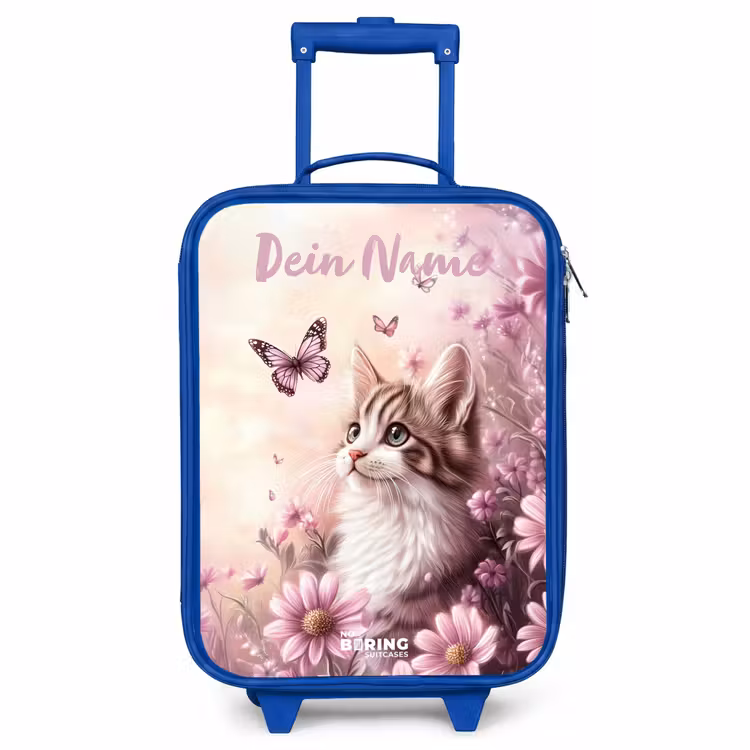 Kinderkoffer Blau mit Name - Kätzchen - Schmetterlinge - Lila - Blumen — 1