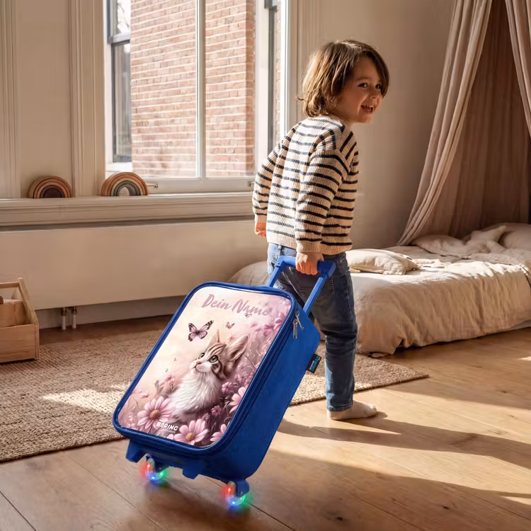 Kinderkoffer Blau mit Name - Kätzchen - Schmetterlinge - Lila - Blumen — 2