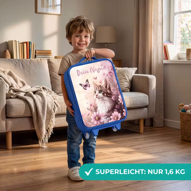 Kinderkoffer Blau mit Name - Kätzchen - Schmetterlinge - Lila - Blumen — 3