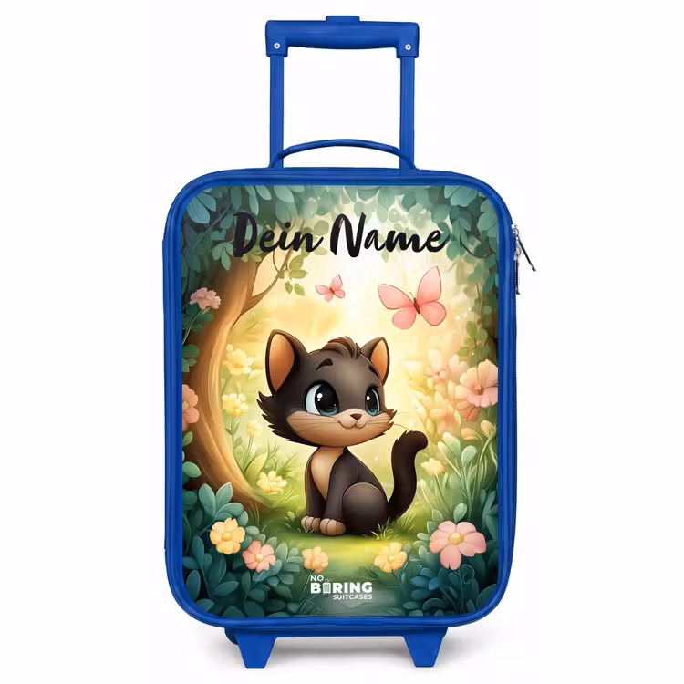 Kinderkoffer Blau mit Name - Katze - Schmetterling - Blumen — 1