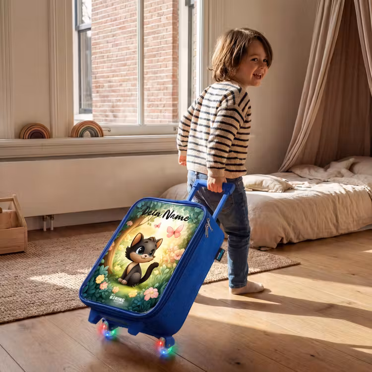 Kinderkoffer Blau mit Name - Katze - Schmetterling - Blumen — 2