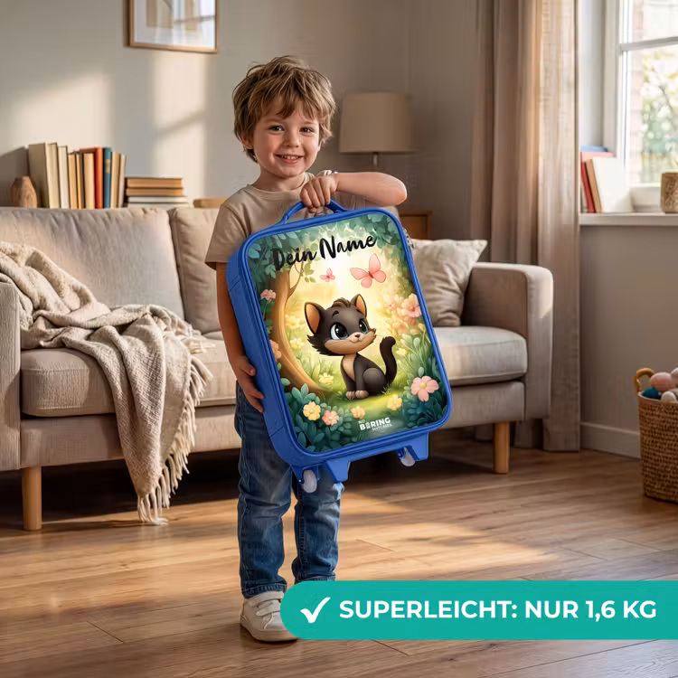 Kinderkoffer Blau mit Name - Katze - Schmetterling - Blumen — 3