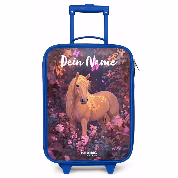 Kinderkoffer Blau mit Name - Pferd - Blumen - Lila - Schmetterling — 1