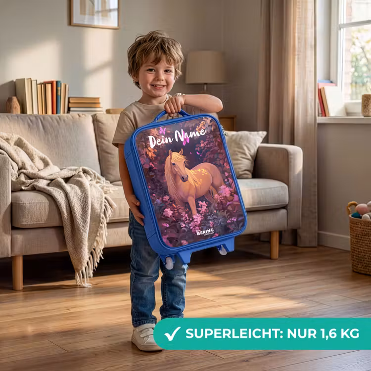 Kinderkoffer Blau mit Name - Pferd - Blumen - Lila - Schmetterling — 3