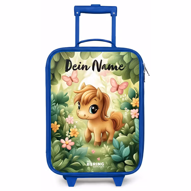 Kinderkoffer Blau mit Name - Pferd - Blumen - Schmetterlinge — 1
