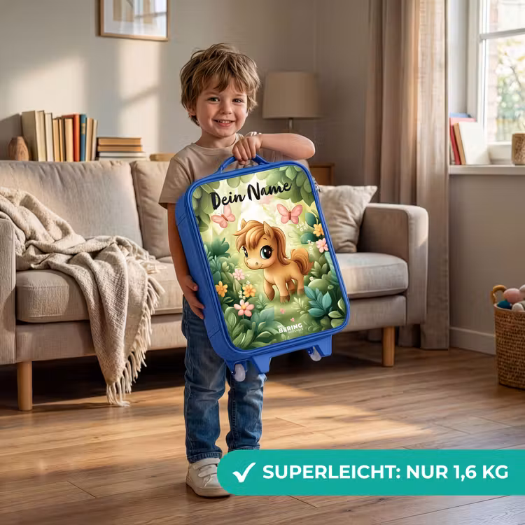 Kinderkoffer Blau mit Name - Pferd - Blumen - Schmetterlinge — 3