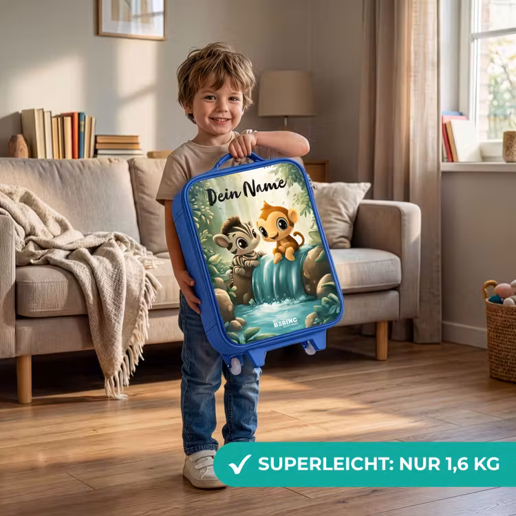 Kinderkoffer Blau mit Name - Zebra - Affe - Wasserfall - Felsen — 3