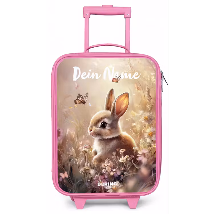 Kinderkoffer Rosa mit Name - Hase - Braun - Blumen - Schmetterlinge — 1