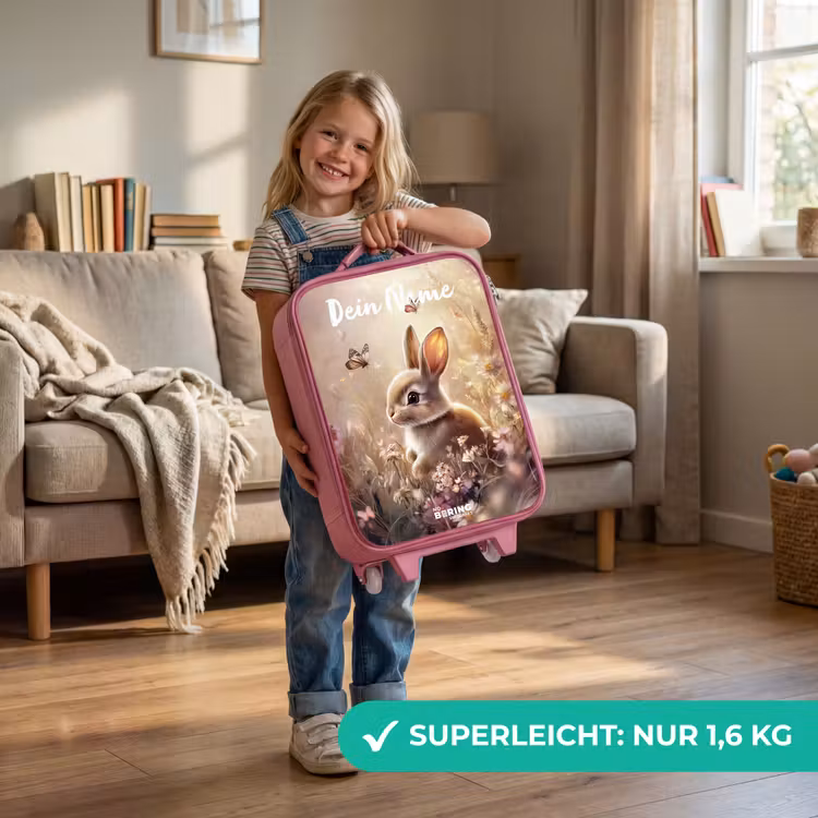 Kinderkoffer Rosa mit Name - Hase - Braun - Blumen - Schmetterlinge — 3