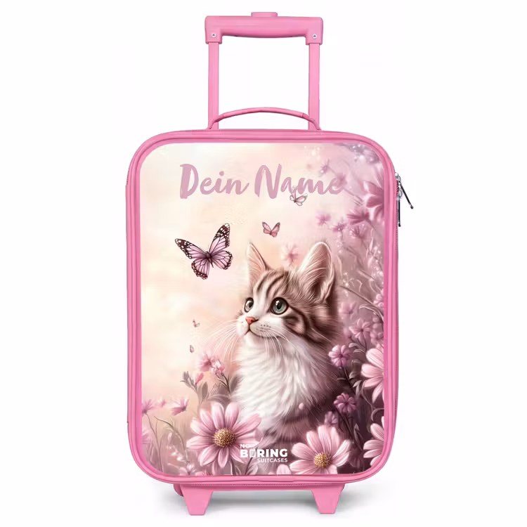 Kinderkoffer Rosa mit Name - Kätzchen - Schmetterlinge - Lila - Blumen — 1