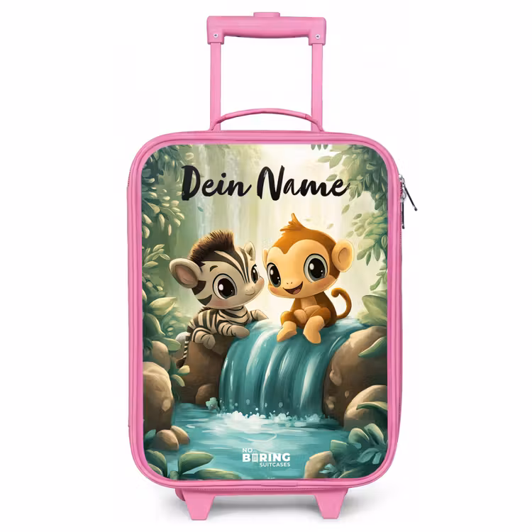 Kinderkoffer Rosa mit Name - Zebra - Affe - Wasserfall - Felsen — 1