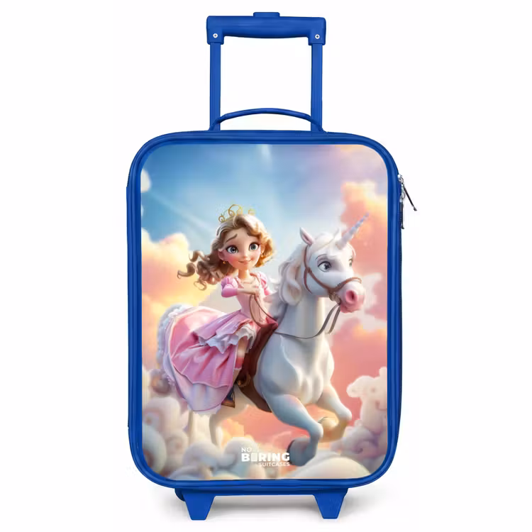 Kinderkoffer Blau - Prinzessin mit rosa Kleid auf weißem Einhorn — 1