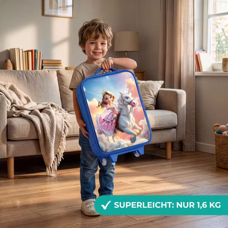 Kinderkoffer Blau - Prinzessin mit rosa Kleid auf weißem Einhorn — 3