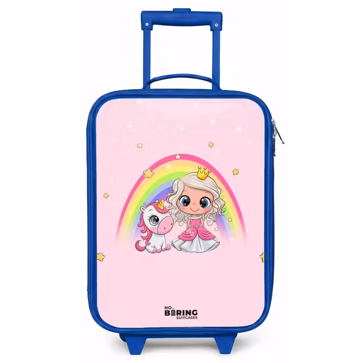 Kinderkoffer Blau - Prinzessin und Einhorn auf einem rosa Regenbogen — 1