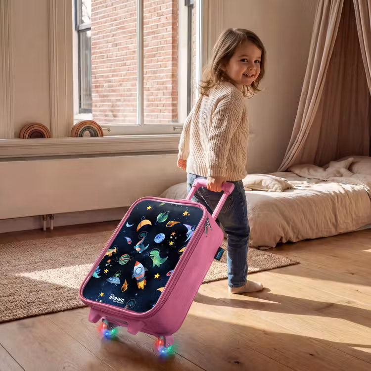 Kinderkoffer Rosa - Dinosaurier und Planeten auf einem dunklen Hintergrund — 2