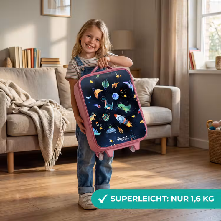 Kinderkoffer Rosa - Dinosaurier und Planeten auf einem dunklen Hintergrund — 3