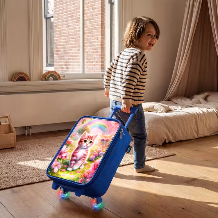 Kinderkoffer Blau - Kätzchen mit Regenbogen und Blumen — 2