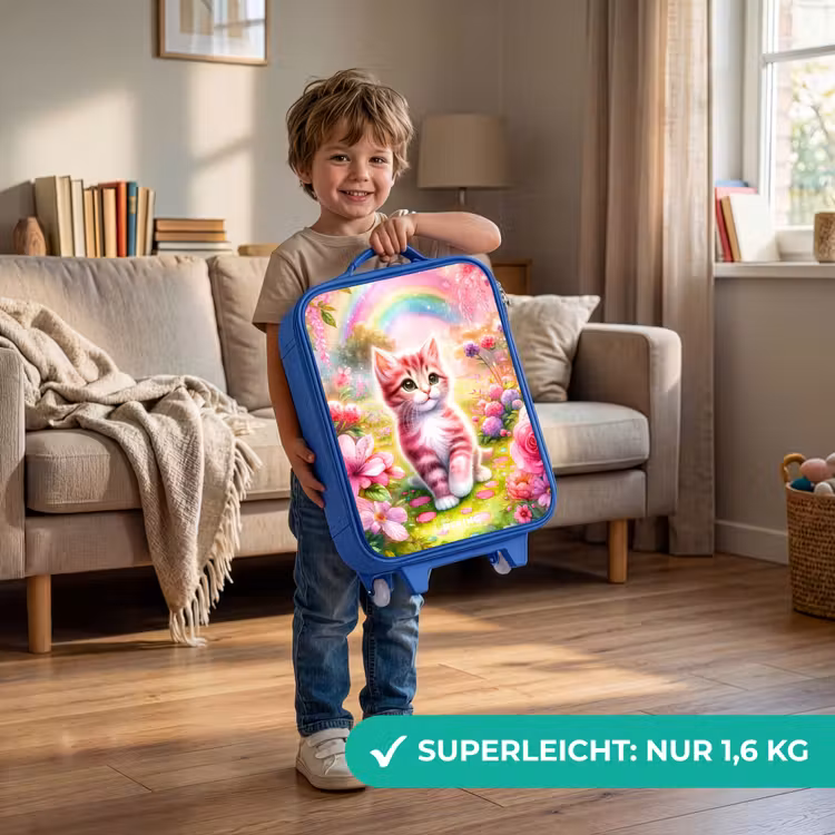 Kinderkoffer Blau - Kätzchen mit Regenbogen und Blumen — 3