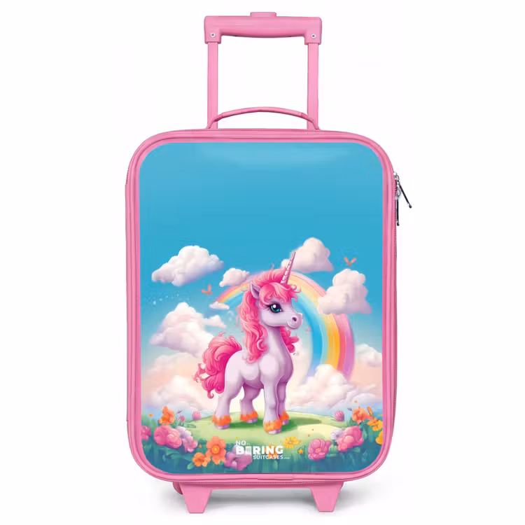 Kinderkoffer Rosa - Fröhliches Einhorn auf einem Regenbogen — 1