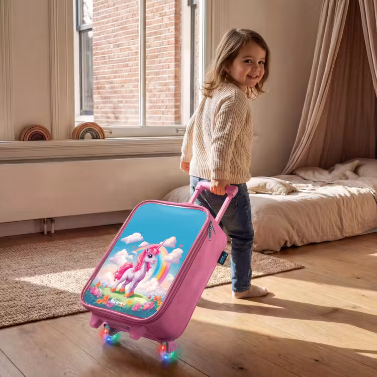 Kinderkoffer Rosa - Fröhliches Einhorn auf einem Regenbogen — 2