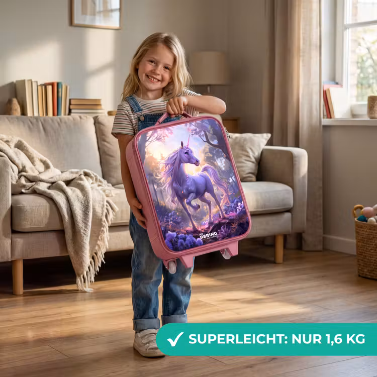Kinderkoffer Rosa - Porträt eines Einhorns zwischen lila Blumen — 3