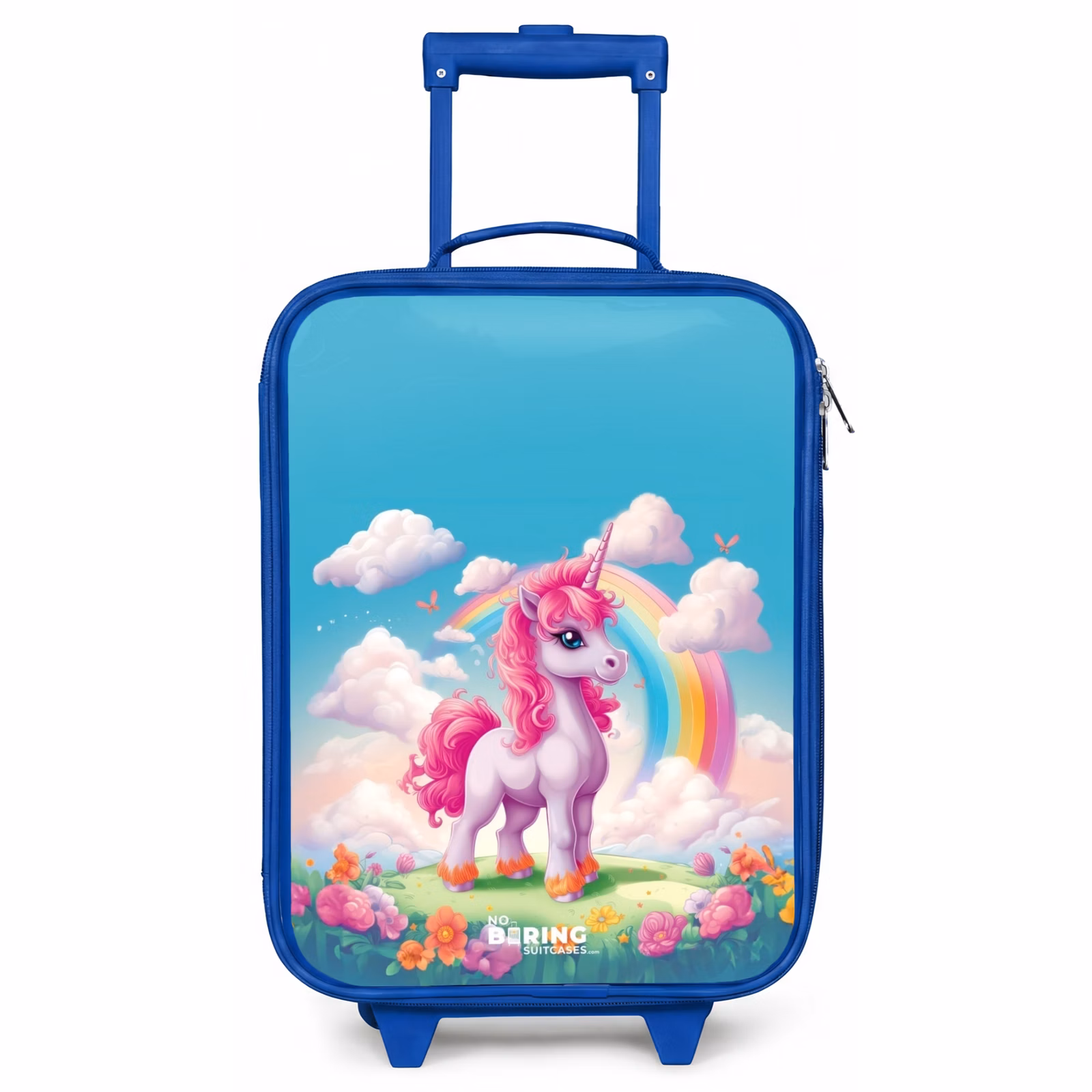 Kinderkoffer Blau - Fröhliches Einhorn auf einem Regenbogen — 1