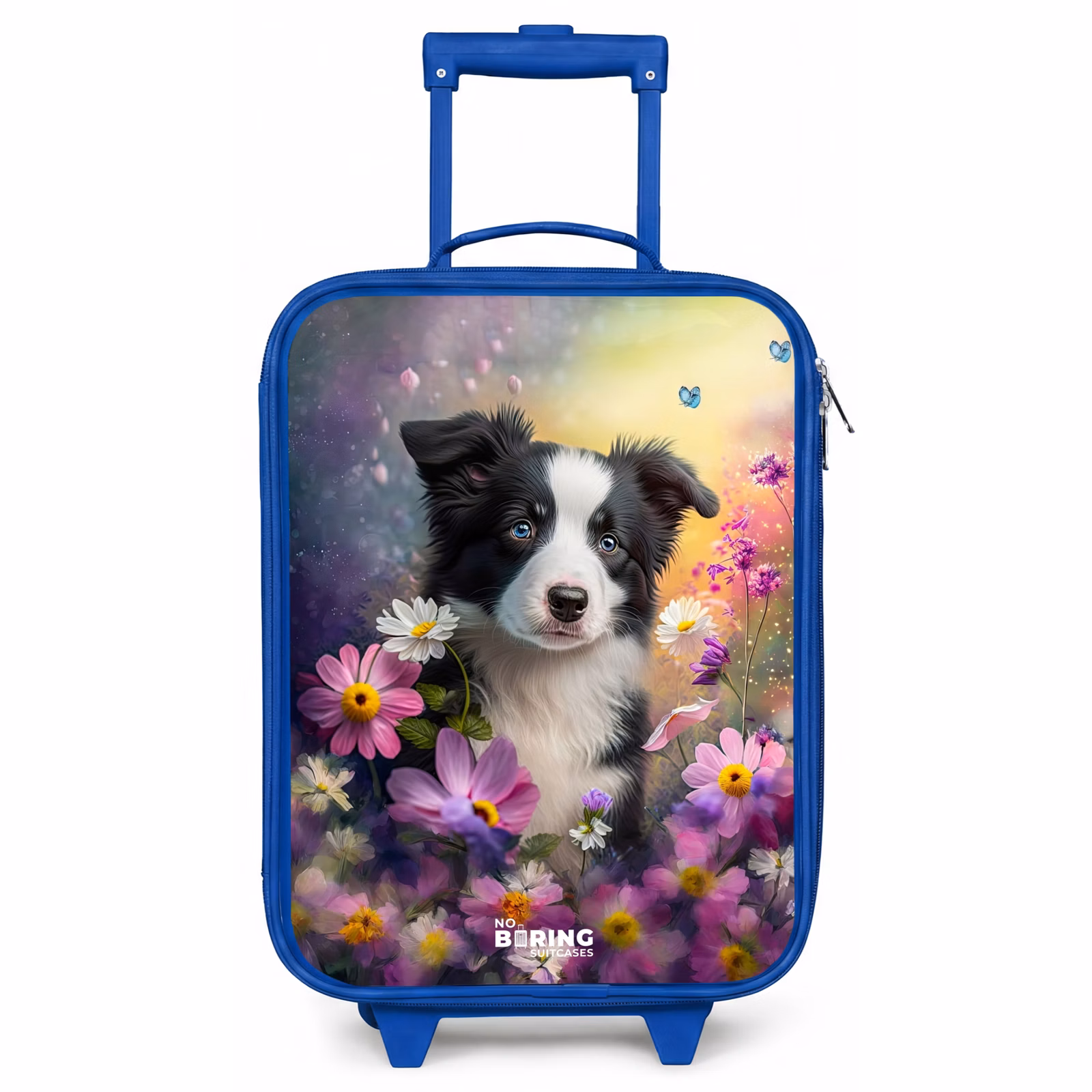 Kinderkoffer Blau - schwarz-weißes Hündchen zwischen bunten Blumen — 1