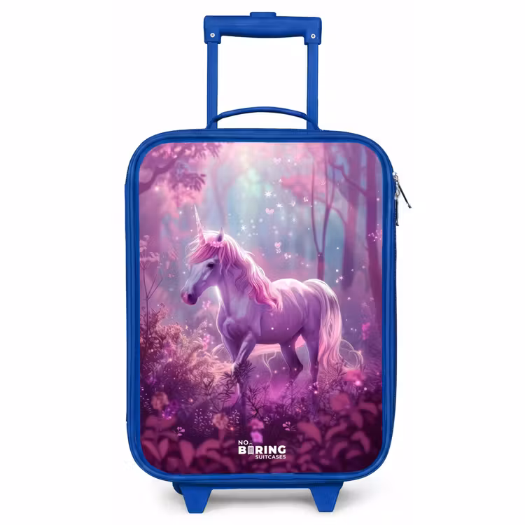 Kinderkoffer Blau - Einhorn, umgeben von lila Natur — 1