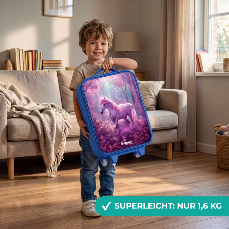 Kinderkoffer Blau - Einhorn, umgeben von lila Natur — 3
