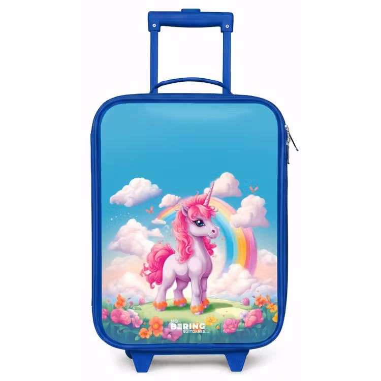 Kinderkoffer Blau - Fröhliches Einhorn auf einem Regenbogen — 1