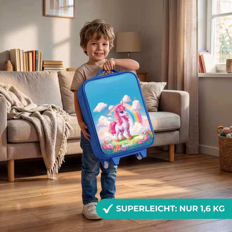 Kinderkoffer Blau - Fröhliches Einhorn auf einem Regenbogen — 3