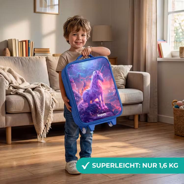 Kinderkoffer Blau - Lila Einhorn in magischer Umgebung — 3