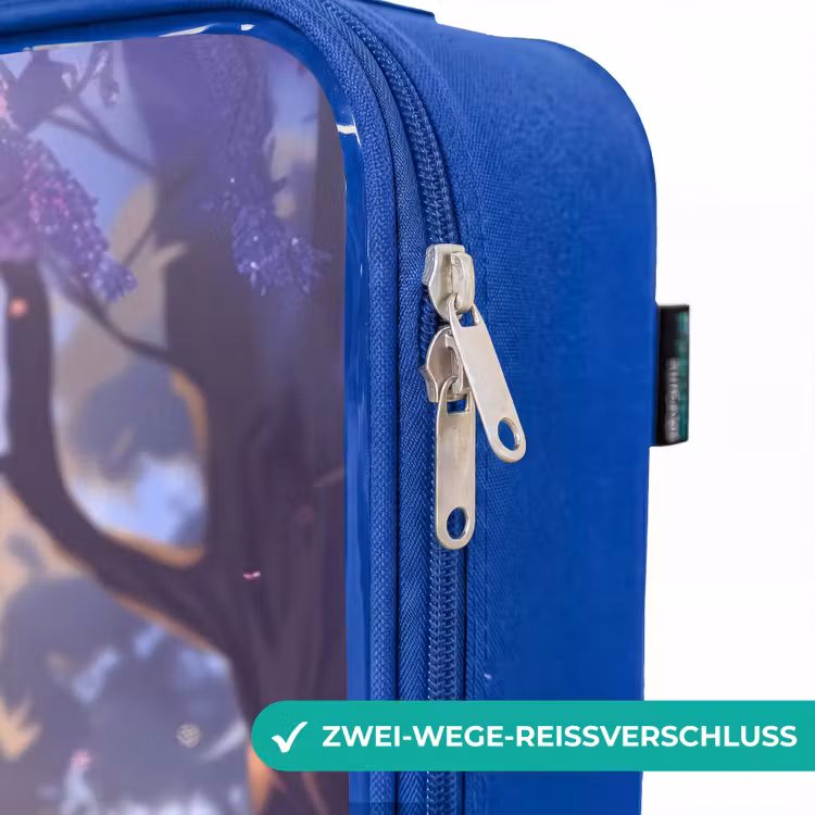 Kinderkoffer Blau - Porträt eines Einhorns zwischen lila Blumen — 5