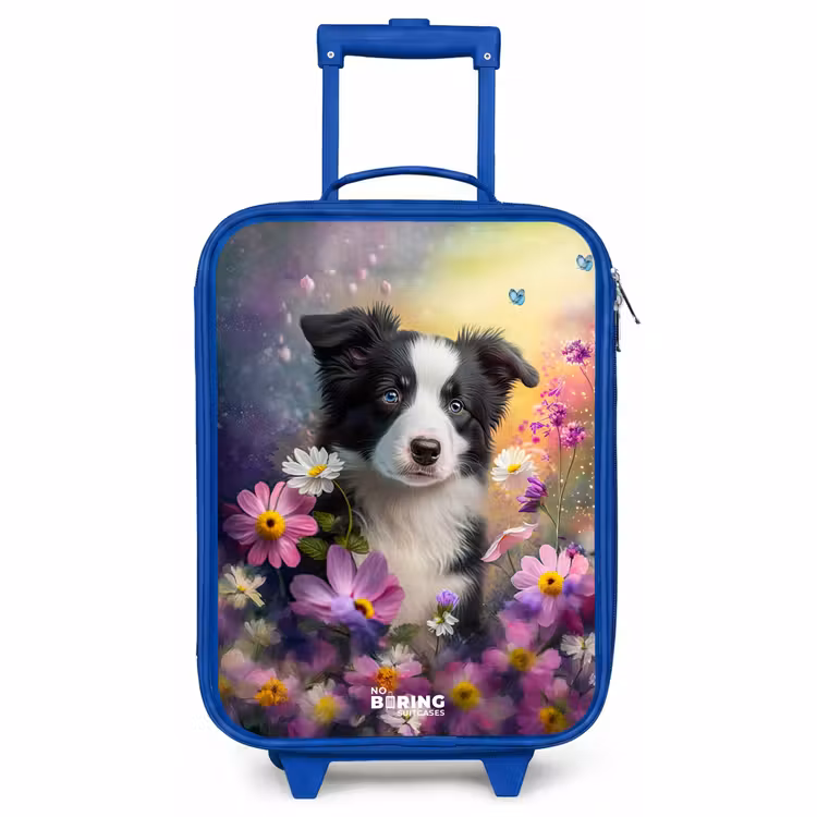 Kinderkoffer Blau - schwarz-weißes Hündchen zwischen bunten Blumen — 1