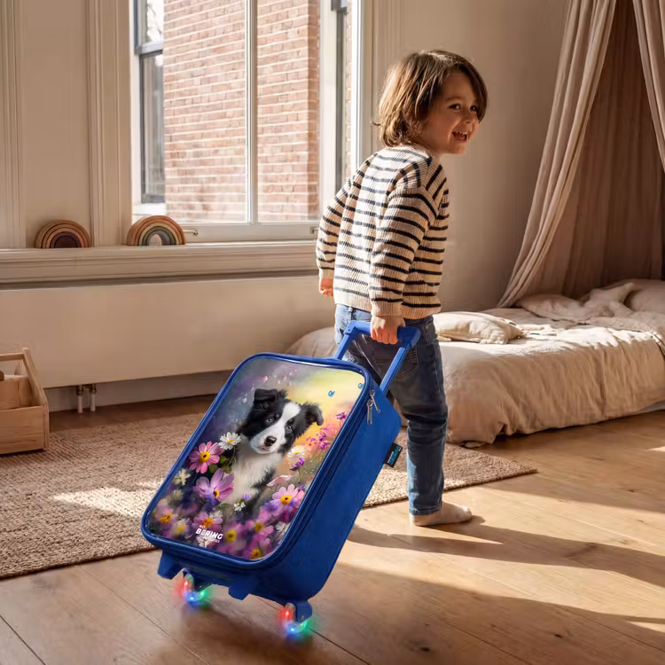 Kinderkoffer Blau - schwarz-weißes Hündchen zwischen bunten Blumen — 2