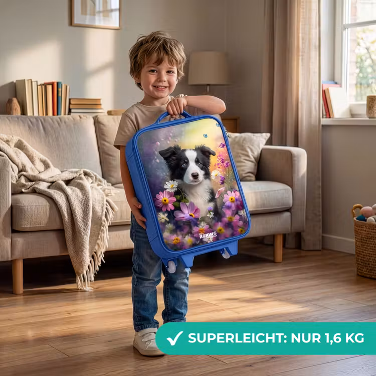 Kinderkoffer Blau - schwarz-weißes Hündchen zwischen bunten Blumen — 3