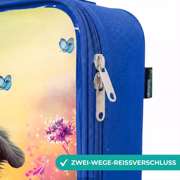 Kinderkoffer Blau - schwarz-weißes Hündchen zwischen bunten Blumen — 5