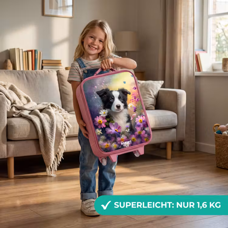 Kinderkoffer Rosa - schwarz-weißes Hündchen zwischen bunten Blumen — 3