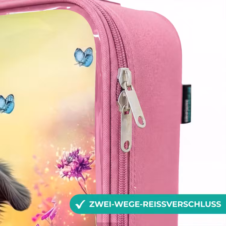 Kinderkoffer Rosa - schwarz-weißes Hündchen zwischen bunten Blumen — 5
