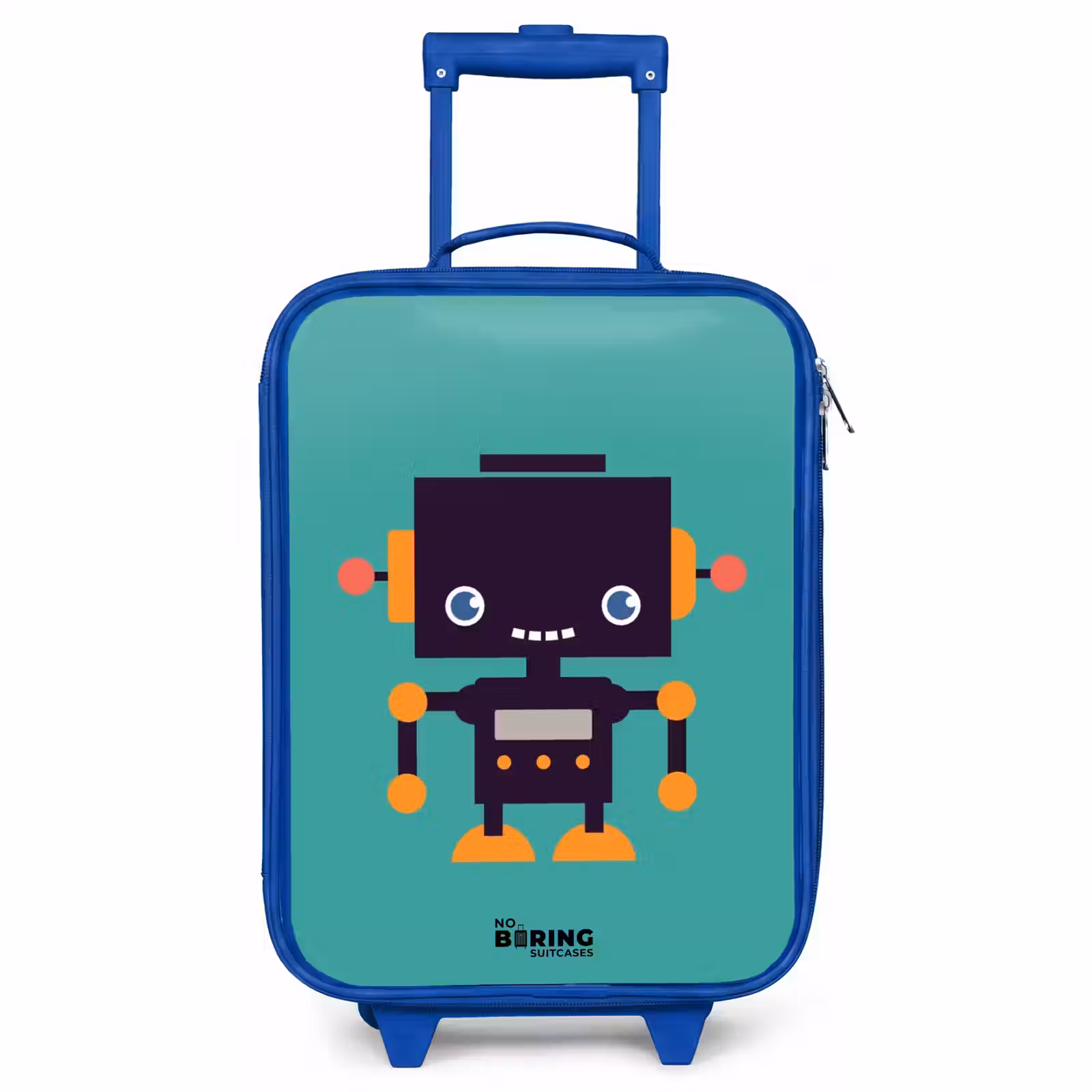 Kinderkoffer Blau - Schwarzer Roboter mit orangefarbenen Akzenten auf blauem Hintergrund — 1