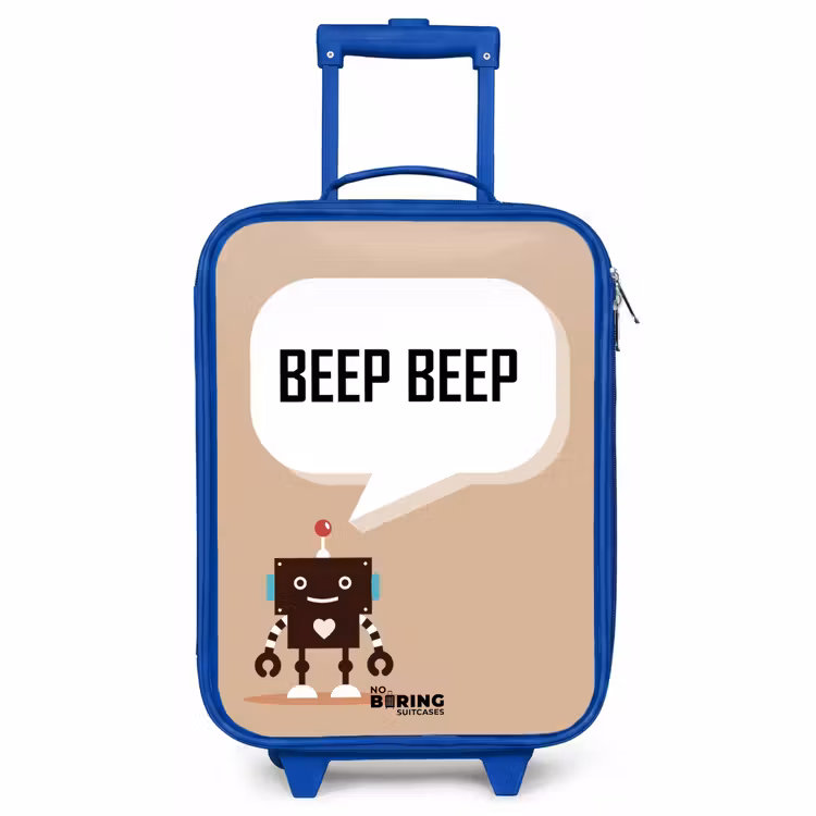 Kinderkoffer Blau - Dunkelbrauner Roboter mit einem Text — 1