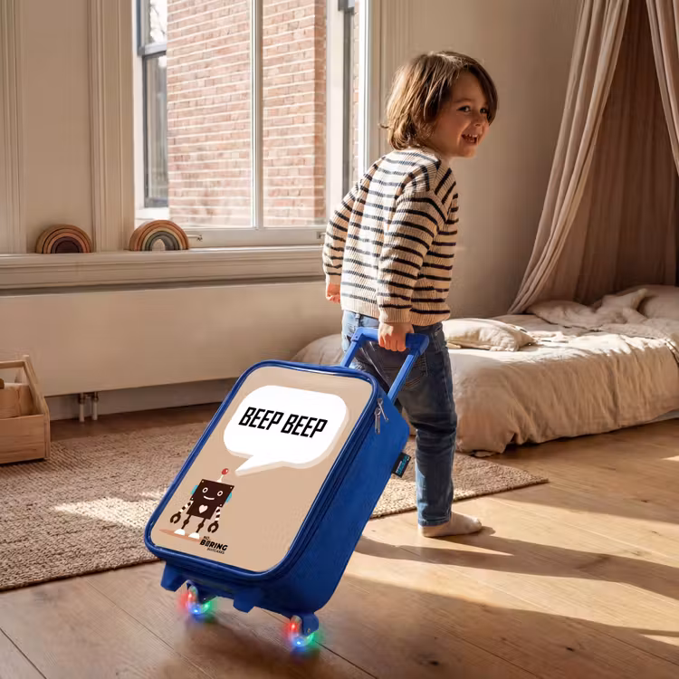 Kinderkoffer Blau - Dunkelbrauner Roboter mit einem Text — 2