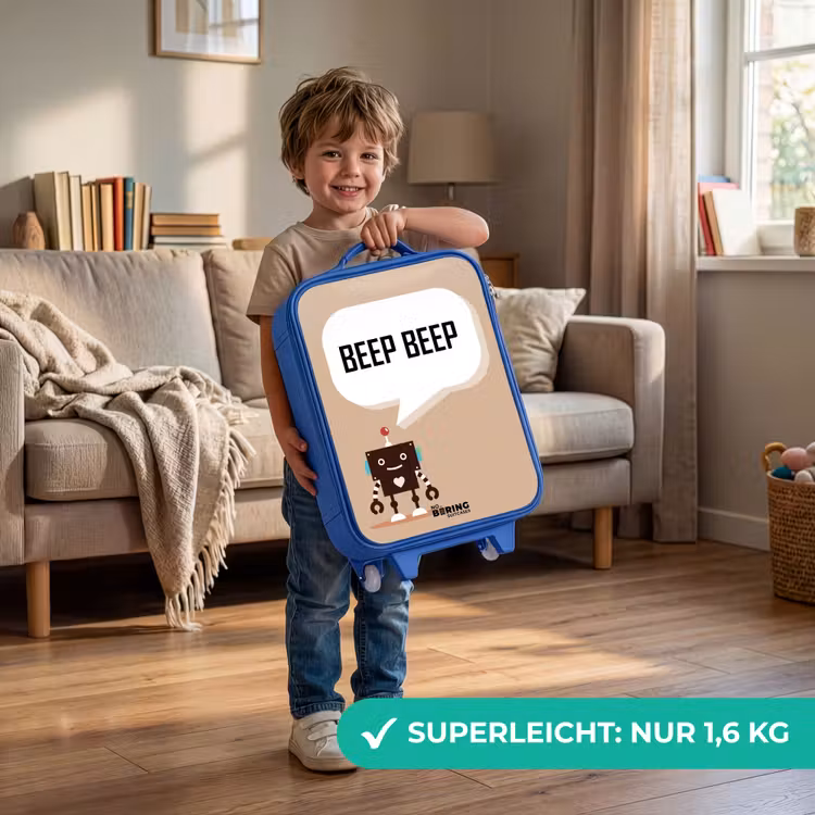 Kinderkoffer Blau - Dunkelbrauner Roboter mit einem Text — 3