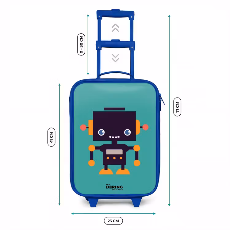 Kinderkoffer Blau - Schwarzer Roboter mit orangefarbenen Akzenten auf blauem Hintergrund — 7