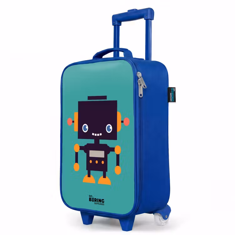 Kinderkoffer Blau - Schwarzer Roboter mit orangefarbenen Akzenten auf blauem Hintergrund — 8