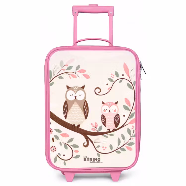 Kinderkoffer Rosa - Zwei Eulen auf einem Zweig mit rosa und grünen Blättern — 1