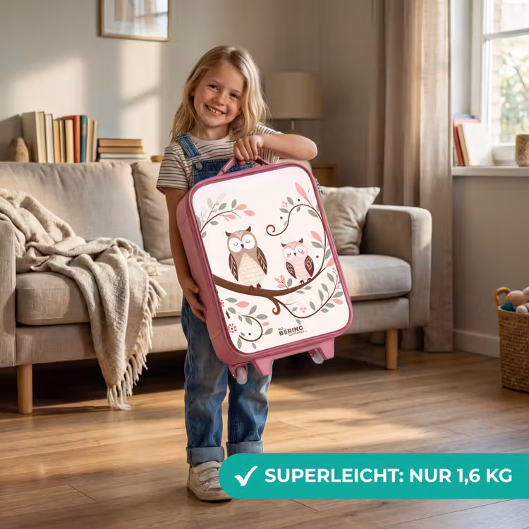 Kinderkoffer Rosa - Zwei Eulen auf einem Zweig mit rosa und grünen Blättern — 3